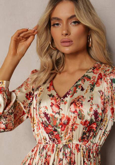 Beżowo-Różowa Rozkloszowana Sukienka Długa z Plisami w Kwiatowy Print Toada