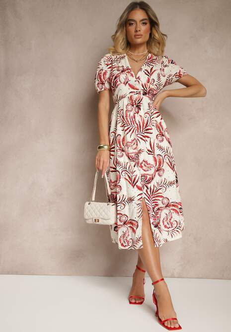 Czerwona Sukienka o Rozkloszowanym Kroju z Dekoltem w Serek w Roślinny Print Evilessa