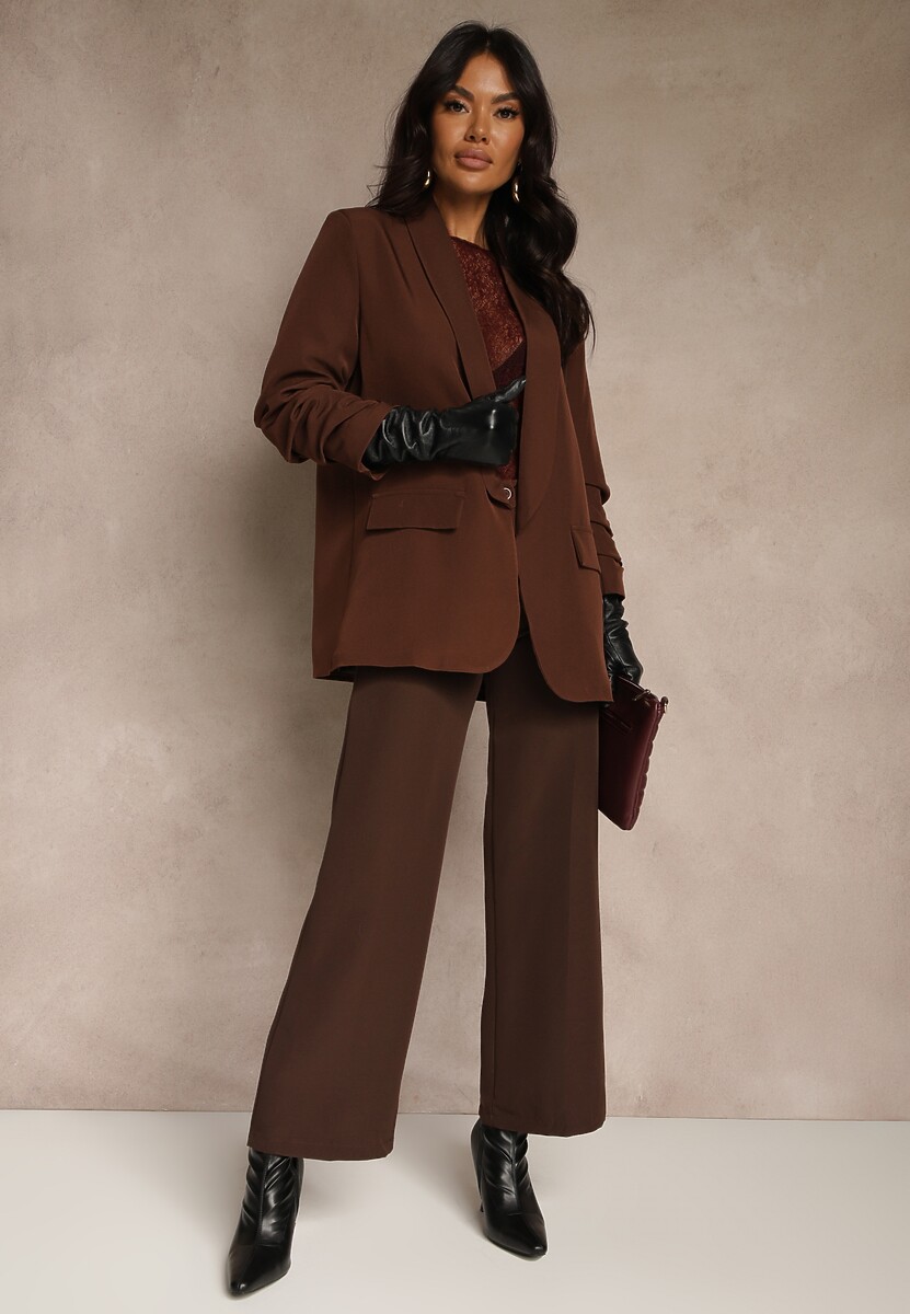 Jasnobrązowa Pudełkowa Marynarka Bez Zapięć z Wiskozą z Marszczonymi Rękawami Fenidia