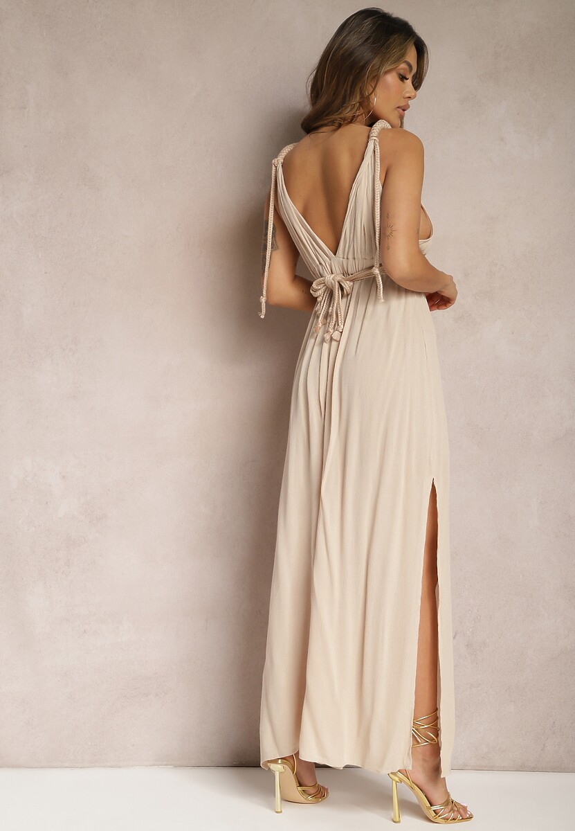 Beżowy Kombinezon z Lnu i Wiskozy z Głębokim Dekoltem i Szerokimi Nogawkami Avria