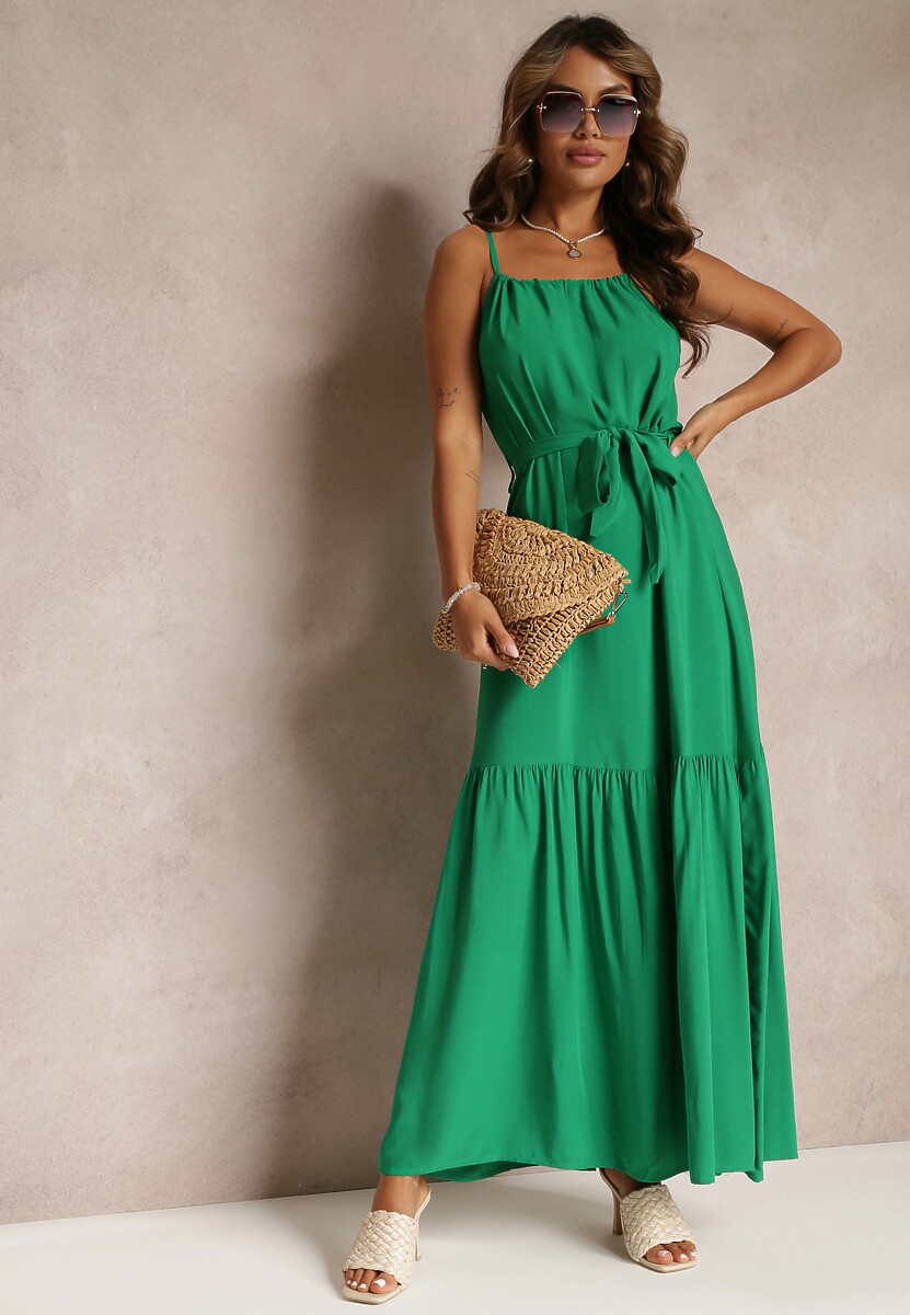 Niebieska Rozkloszowana Sukienka na Ramiączkach z Wiązanym Paskiem Diadite