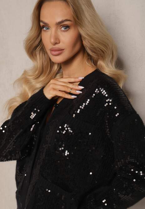 Czarny Komplet z Dzianiny Ozdobiony Cekinami Spódnica Ołówkowa i Kardigan Linarith