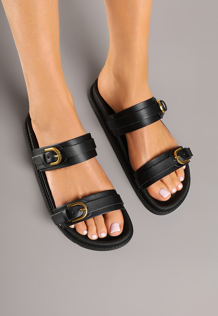 Czarne Klapki z Paskami na Klamry Yasazi