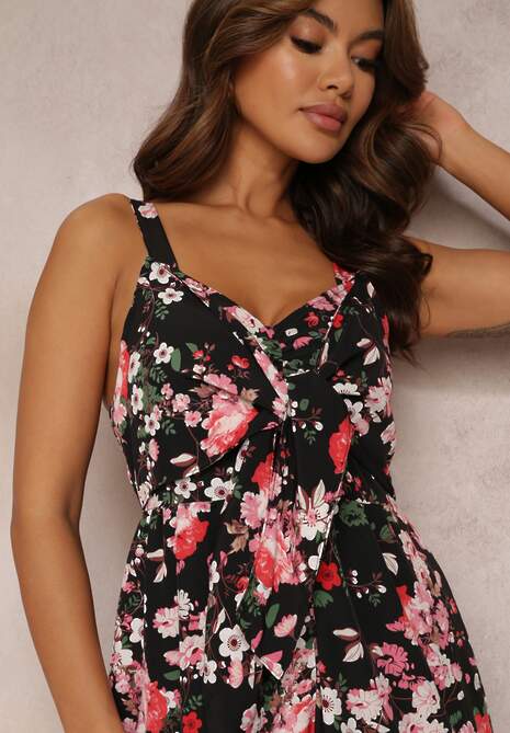 Czarny Kombinezon z Szerokimi Nogawkami i Wiązaniem Przy Dekolcie Gloryhallo