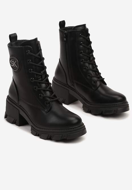 Czarne Botki Traperki na Obcasie Zdobione Detalem z Cyrkoniami przy Cholewce Orzina