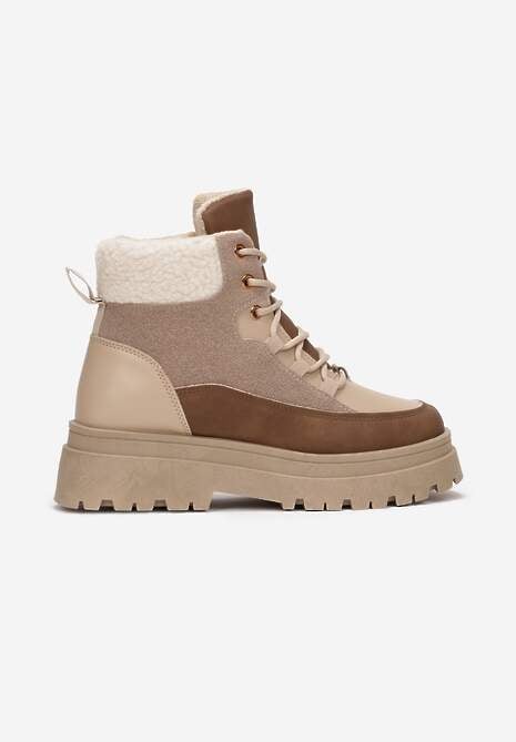 Ciemnobeżowe Traperki  Sznurowane Trapery Janne