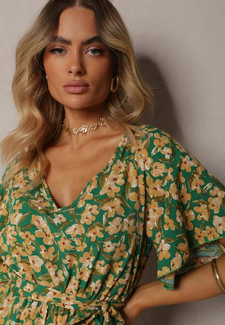 Zielono-Żółty Kombinezon w Kwiaty z Krótkim Rękawem z Gumką w Talii i Paskiem Biacelia