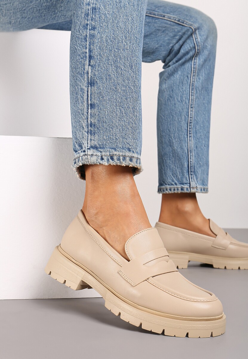 Beżowe Mokasyny na Platformie Ozdobione Paskiem Ilabine