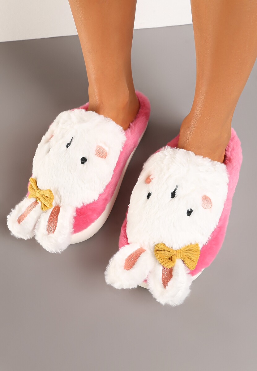 Różowe Kapcie na Płaskiej Podeszwie Ozdobione Króliczkiem 3D Temiena