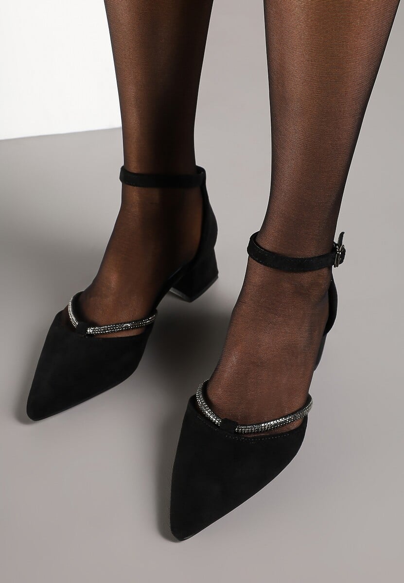 Czarne Czółenka Vices na Słupku z Wkładką ze Skóry Naturalnej i Cyrkoniami Learetha