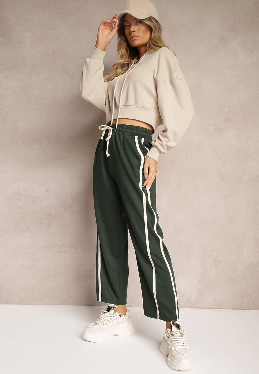 Ciemnozielone Spodnie z Wiskozą High Waist o Szerokim Kroju Ozdobione Lamówką Lulora