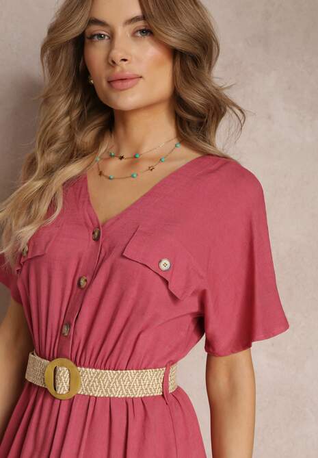 Ciemnoróżowa Koszulowa Sukienka Midi z Bawełny z Gumką w Talii i Plecionym Paskiem Emera