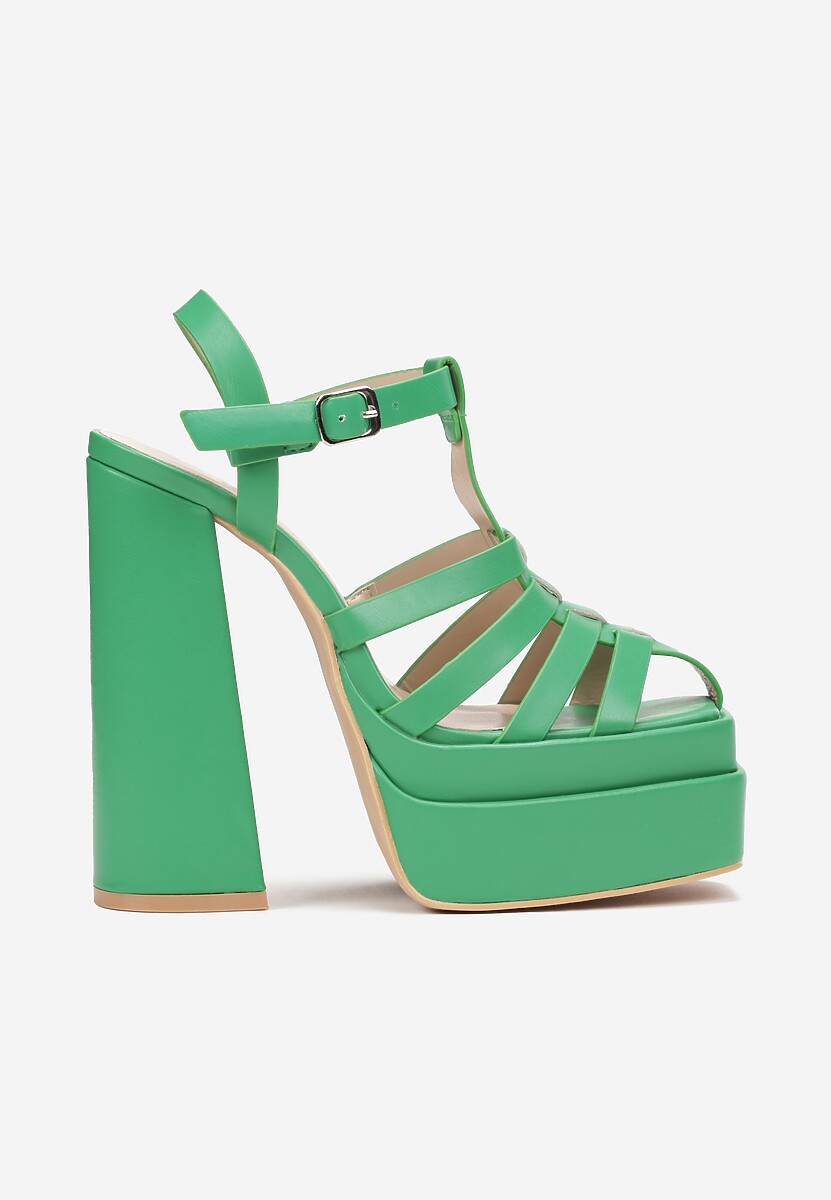 Zielone Sandały na Wysokim Słupku i Platformie z Kwadratowym Noskiem i Sprzączką Lakota