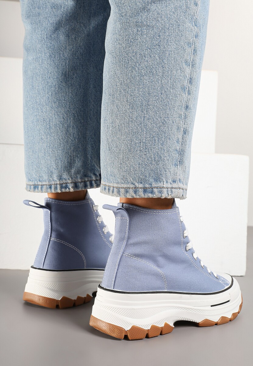 Niebieskie Trampki na Platformie z Tłoczeniem i Wysoką za Kostkę Polnelis