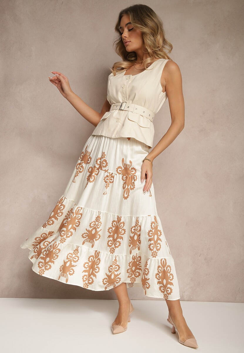 Kremowo-Beżowa Rozkloszowana Spódnica w Ornamentalne Wzory z Wiskozą Sarinea