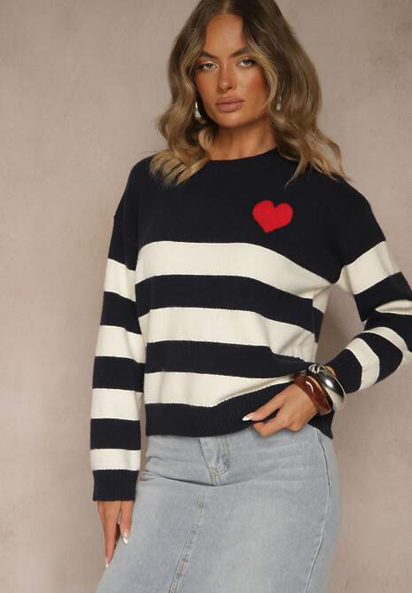 Granatowy Prosty Sweter z Domieszką Kaszmiru Zdobiony Wzorem w Pasy Tarvane