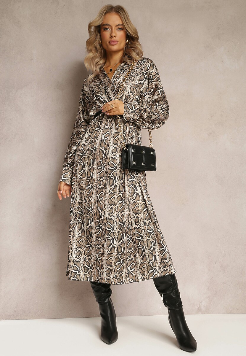 Beżowo-Brązowa Sukienka w Panterkę z Kopertowym Dekoltem Balme