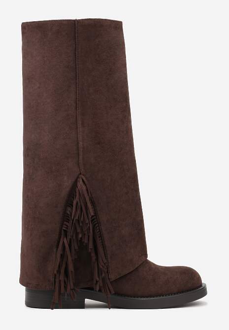 Brązowe Kozaki Ozdobione Frędzlami i Wywiniętą Cholewką Reilevia