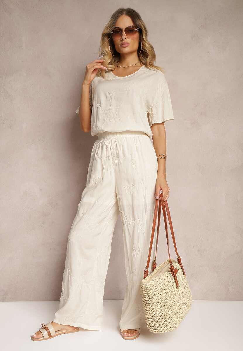 Beżowy Komplet z Wyszywanymi Kwiatami Luźny T-shirt i Proste Spodnie Namselin