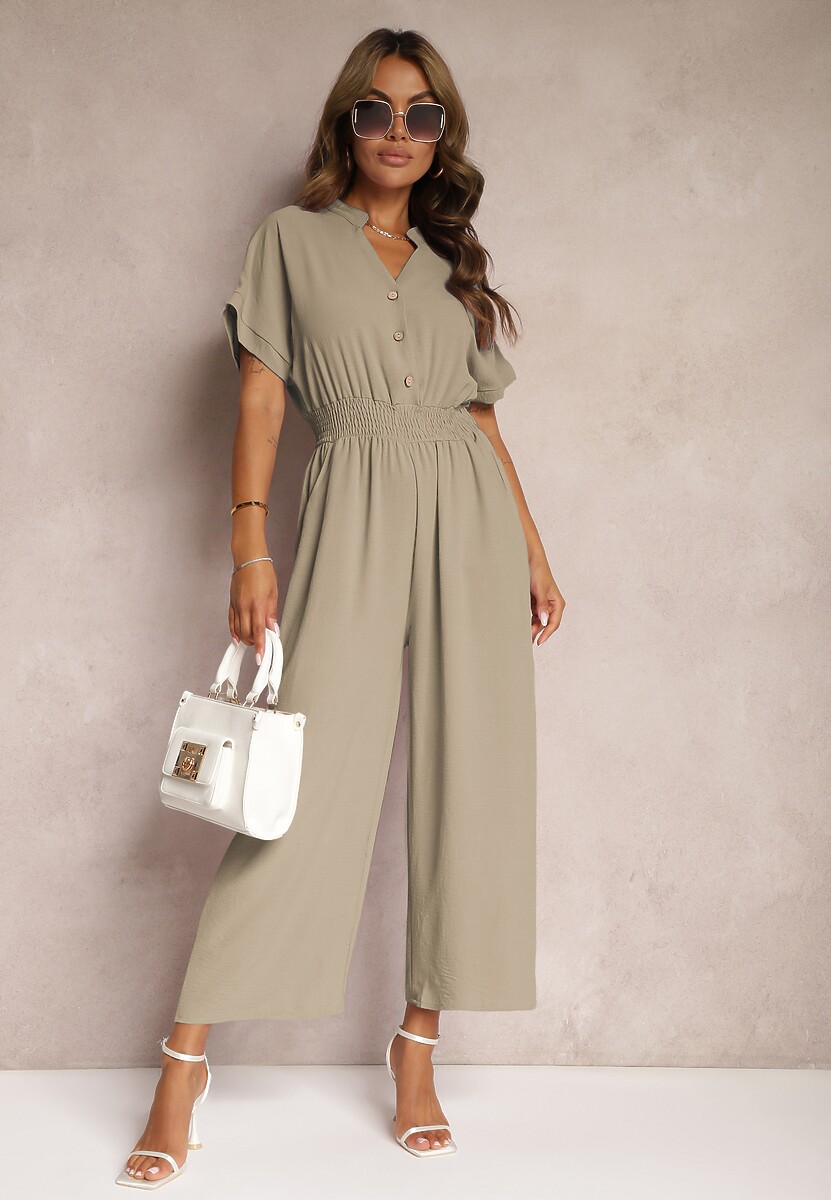 Ciemnozielony Taliowany Kombinezon z Wiskozy Zapinany na Guziki Frisea