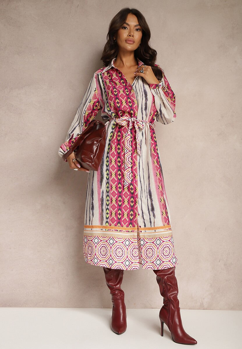 Fuksjowo-Beżowa Koszulowa Sukienka Wiązana w Talii Ozdobiona Abstrakcyjnym Wzorem Nilima