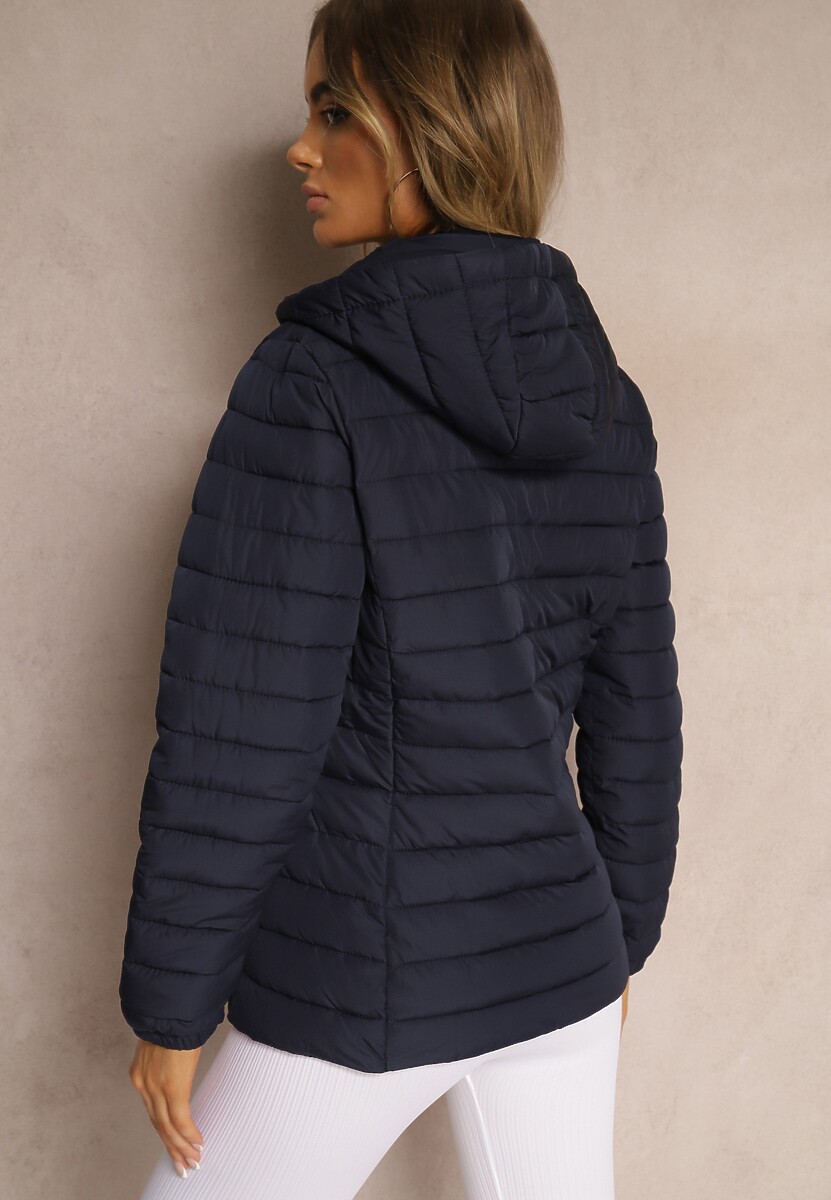 Granatowa Kurtka Ozdobiona Pikowaniem Wykończona Sznurkami i Kapturem Mivissa