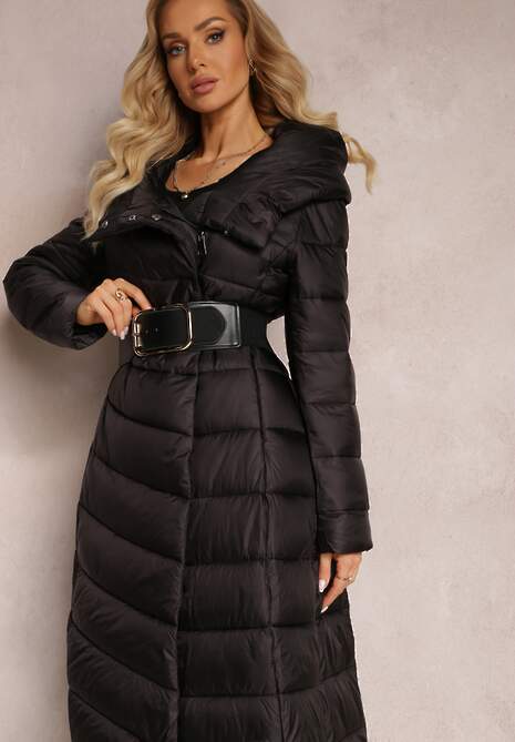 Czarna Długa Kurtka Płaszcz z Pikowaniem i Kapturem Tittonna