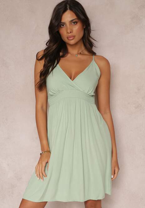 Miętowa Rozkloszowana Sukienka Bawełniana na Ramiączkach Billil