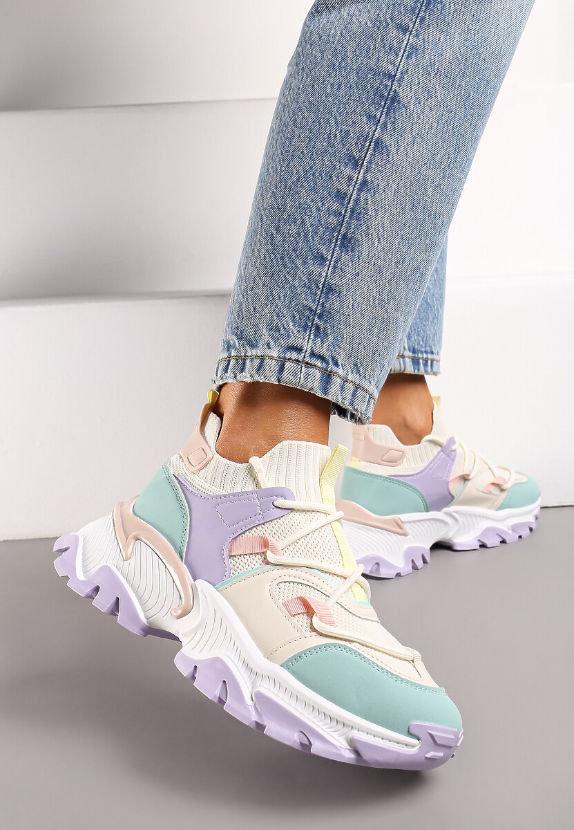 Fioletowo-Zielone Sneakersy w Skarpetkowym Stylu z Elastycznym Wiązaniem i Tłoczoną Podeszwą Ielene