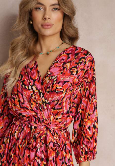 Czerwono-Czarna Kopertowa Sukienka Midi z Wiązanym Paskiem i Metaliczną Nitką Armellia