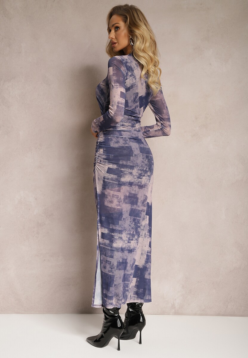 Granatowa Dopasowana Sukienka Maxi z Wycięciem Marperra