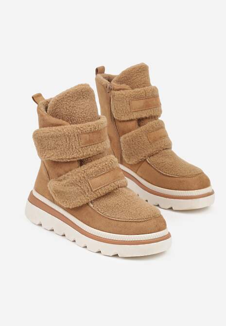 Brązowe Botki Typu Śniegowce na Platformie z Dwoma Ozdobnymi Rzepami Edarlia