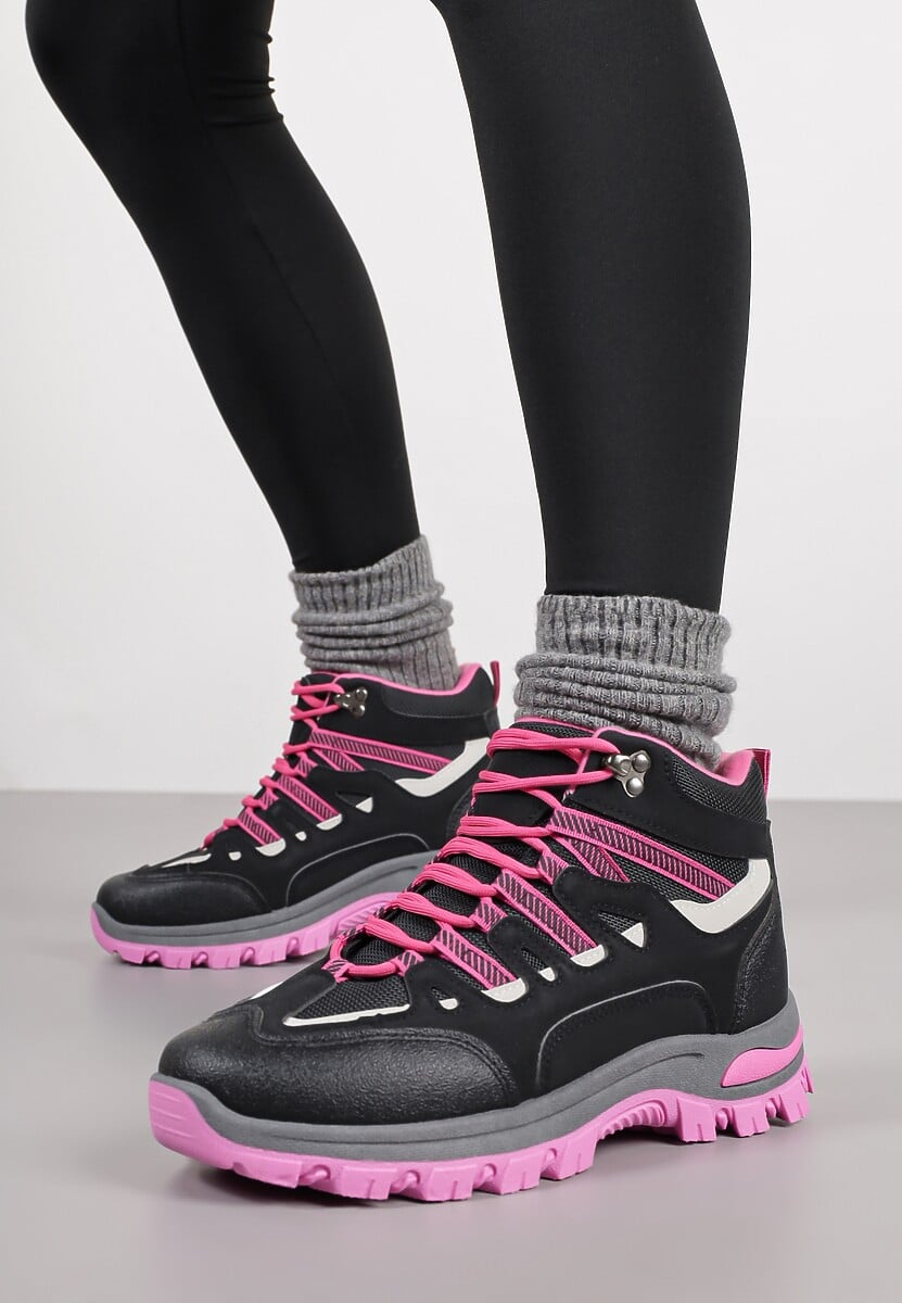 Czarno-Fuksjowe Buty Trekkingowe Traperki Vices ze Sznurowaną Cholewką Afellie