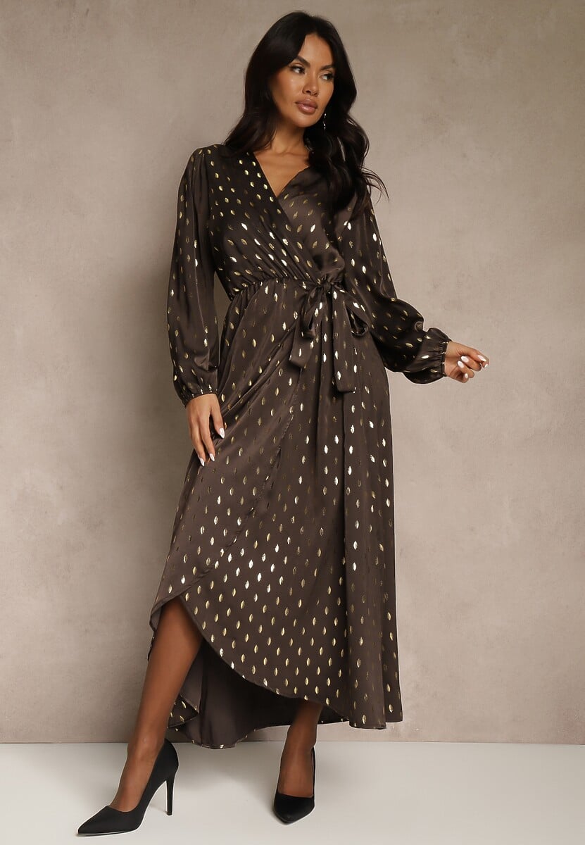 Bordowa Wiązana Sukienka o Kopertowym Kroju Zdobiona Metalicznym Printem Reinora