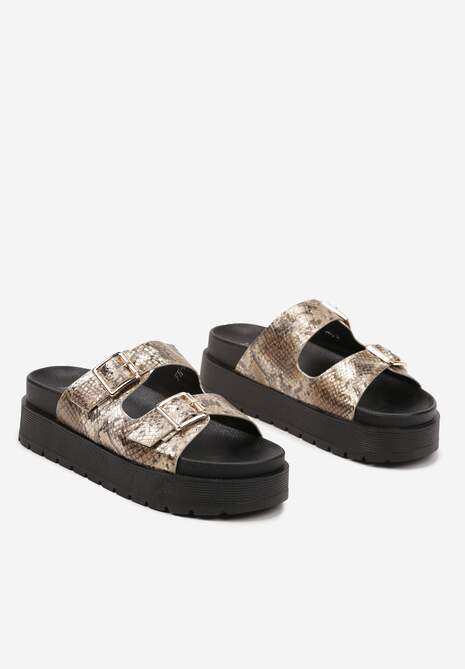 Złote Wężowe Klapki na Platformie z Paskami  ze Sprzączkami Kaliora