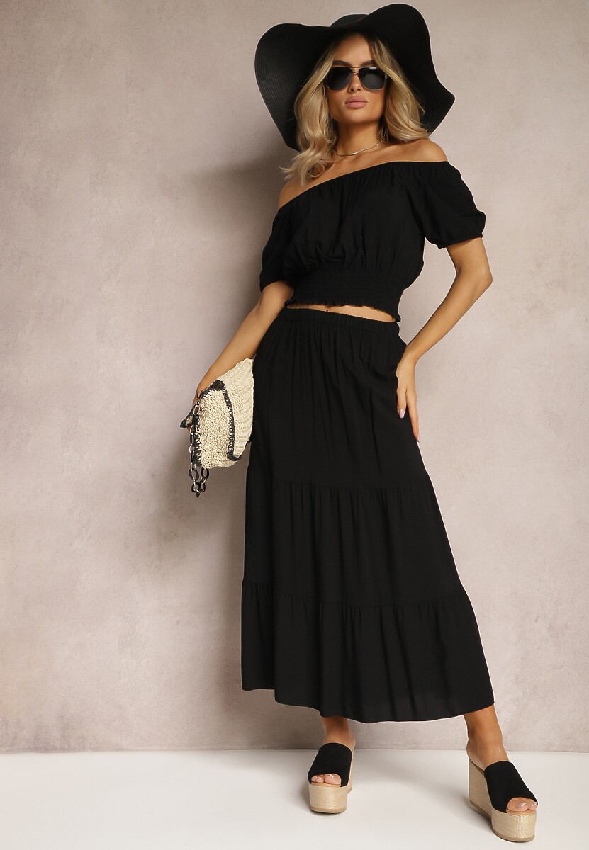 Ciemnobeżowy Letni Komplet z Wiskozy z Rozkloszowaną Spódnicą i Bluzką z Hiszpańskim Dekoltem Rallissa