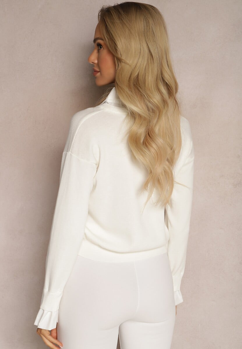 Biały Sweter z Długimi Rękawami i Koszulową Wstawką z Kołnierzykiem Aptivea