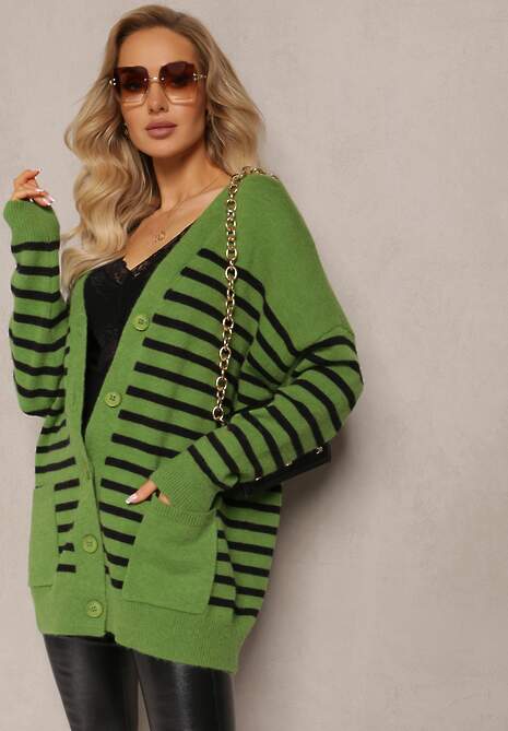 Zielony Kardigan w Paski o Wydłużonym Fasonie z Dekoltem V Zapinany na Guziki Ravime