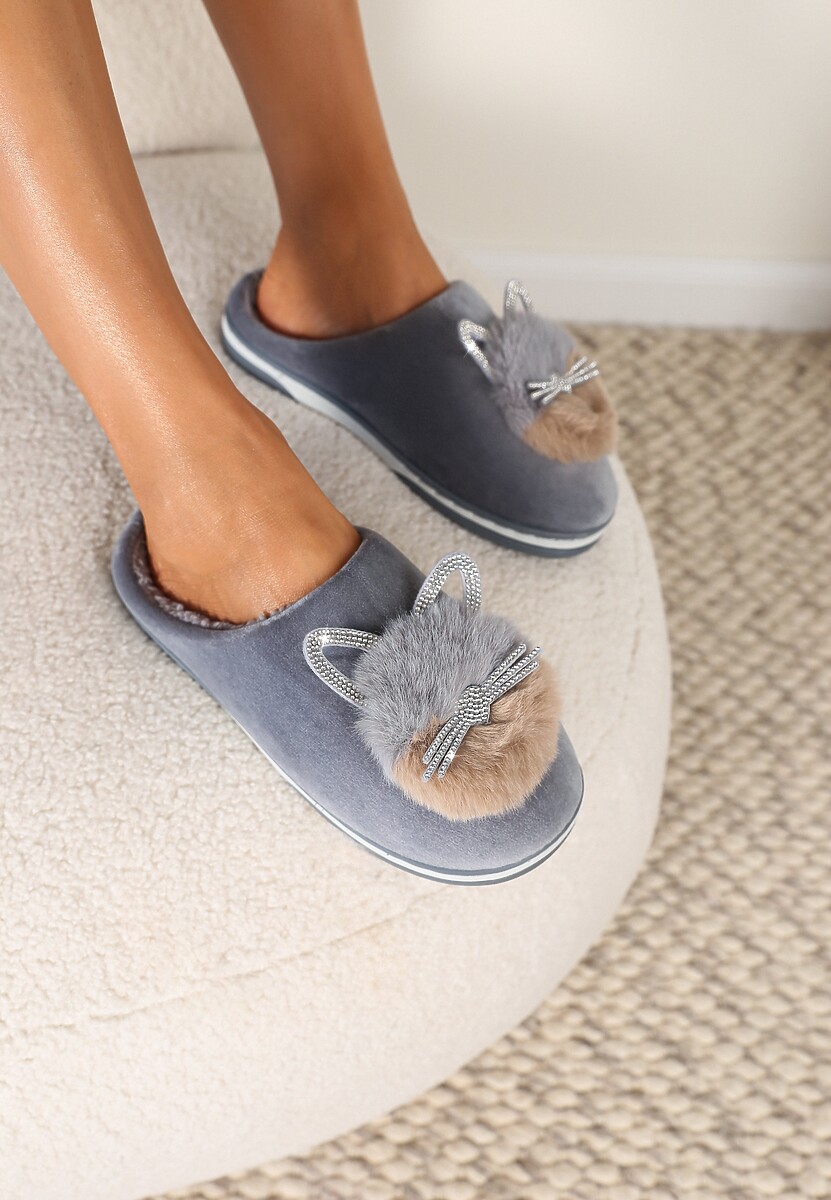 Szare Kapcie Futrzane z Kotkiem Leze