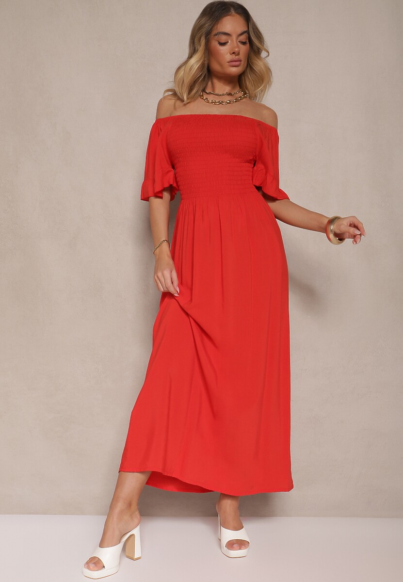 Czerwona Rozkloszowana Sukienka Hiszpanka z Bawełny z Elastyczną Górą Maissa