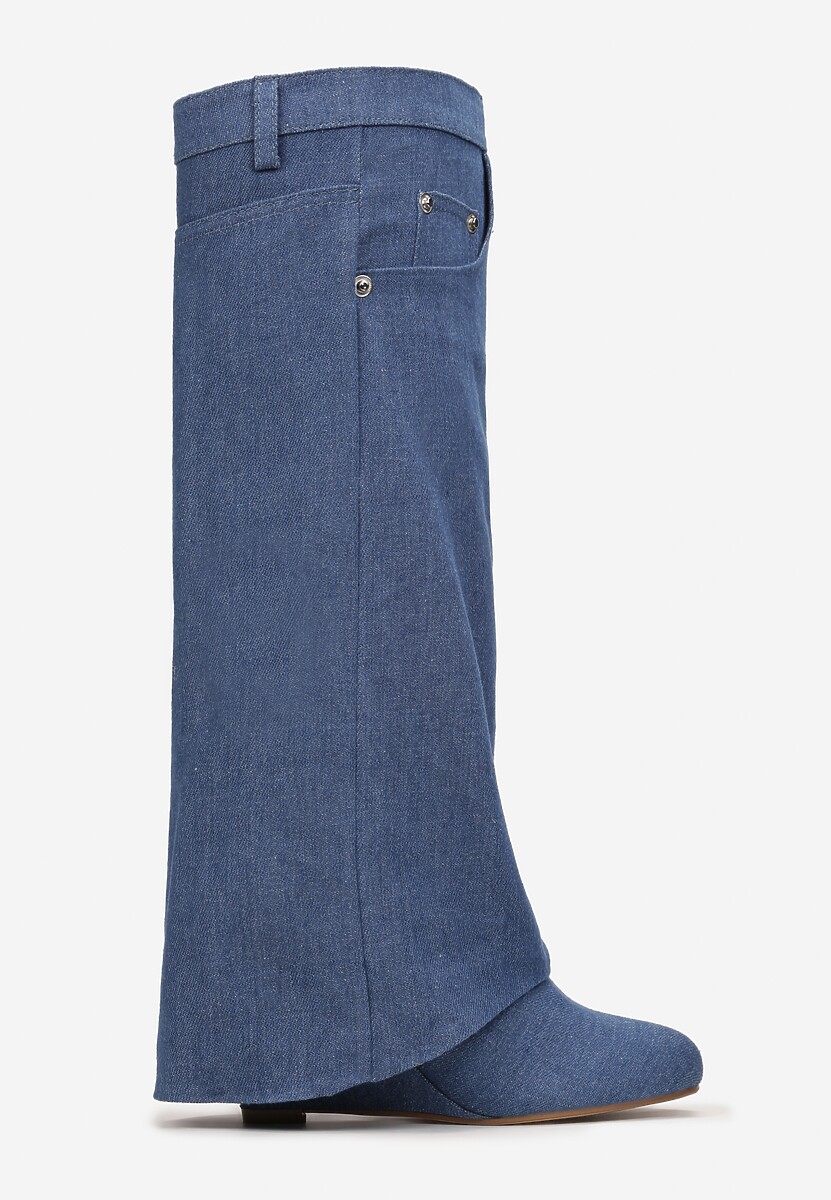 Niebieskie Kozaki z Wywiniętą Cholewką na Koturnie Maranele