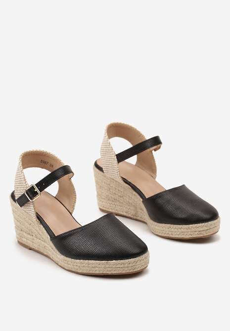 Czarne Sandały na Plecionym Koturnie w Stylu Espadryli z Noskiem z Ekoskóry Beonira