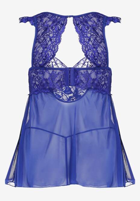 Granatowa Koronkowa Koszula Nocna Mini z Siateczki ze Stringami w Komplecie Tuala