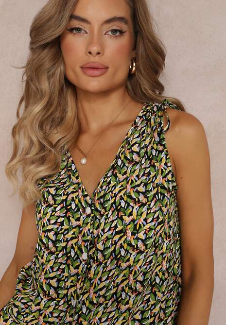 Zielono-Czarna Wiskozowa Sukienka Trapezowa z Troczkami na Ramionach Tiente