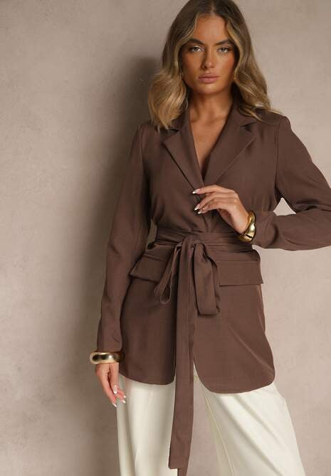 Brązowa Jednorzędowa Marynarka z Wiązanym Paskiem Valerienne