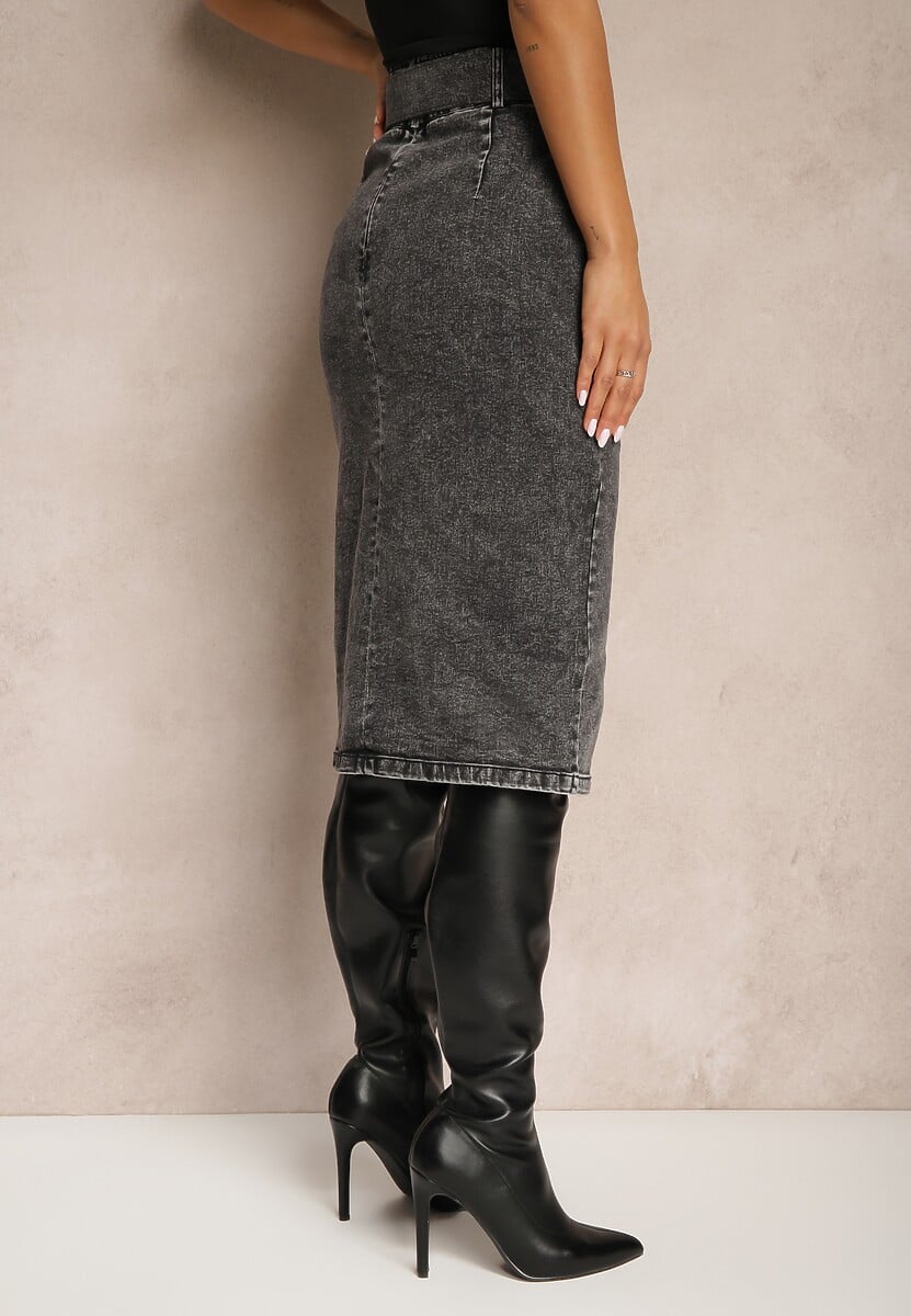 Czarna Jeansowa Spódnica Ołówkowa Midi z Guzikami i Rozcięciem Jackiesa