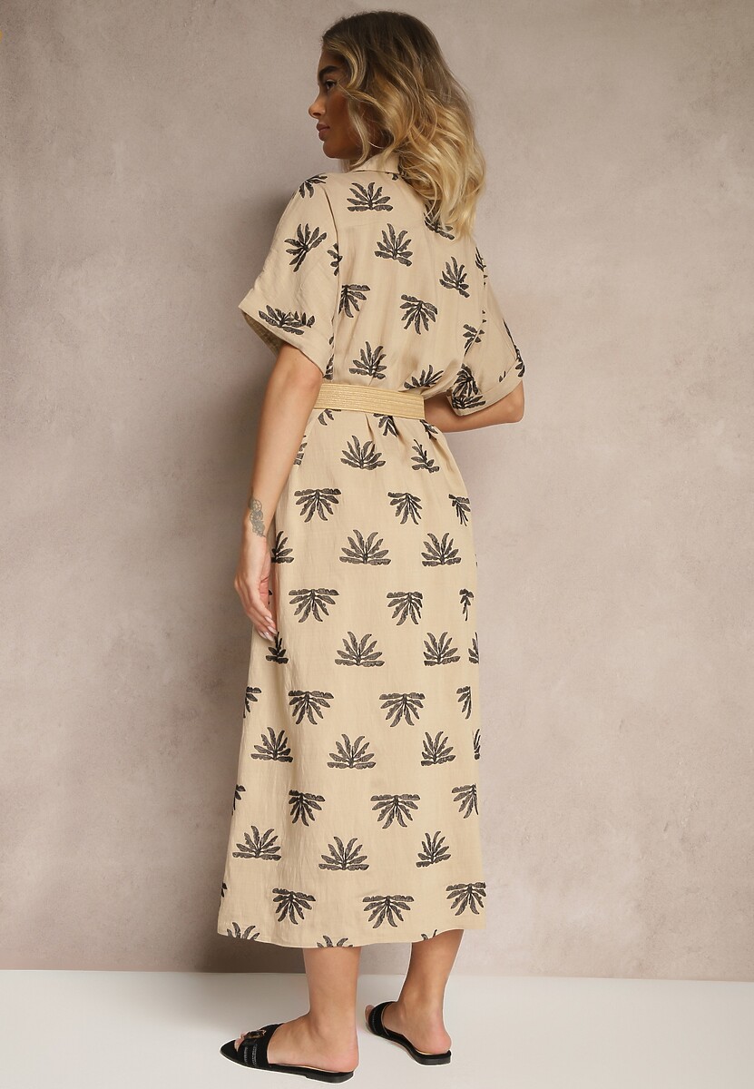 Beżowa Wiskozowa Sukienka o Koszulowym Kroju z Haftem i Paskiem z Klamrą Lioessa