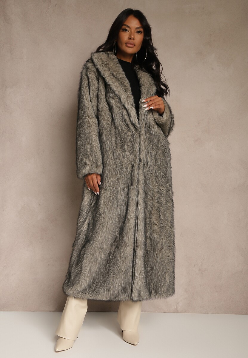 Beżowo-Czarny Płaszcz Futerko o Długim Kroju Ozdobiony Kołnierzem Cannesa