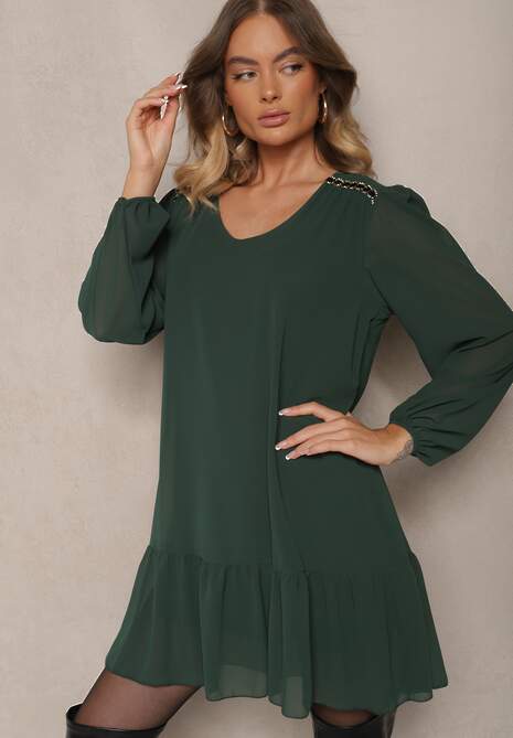 Ciemnozielona Sukienka z Wiskozą z Bufiastymi Rękawami i Falbanką u Dołu z Siateczki Ilita
