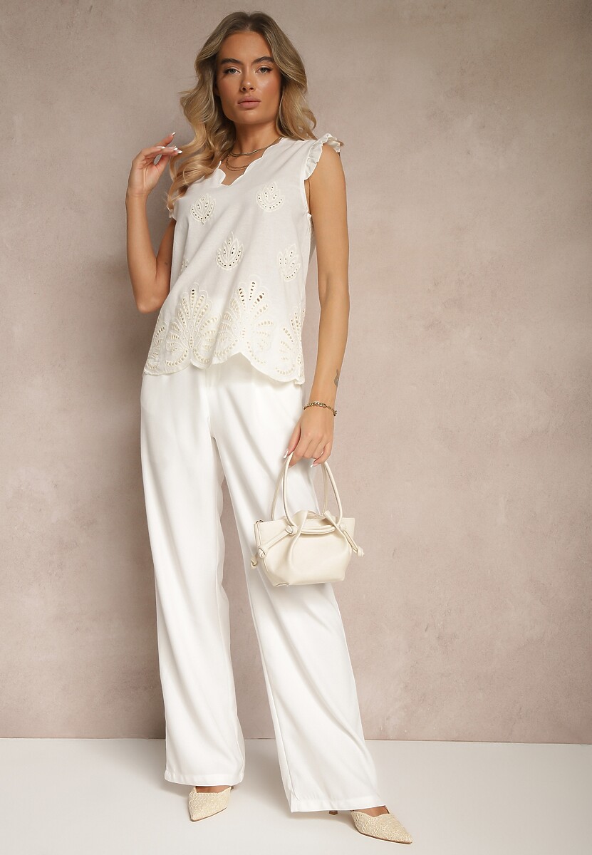 Biała Bawełniana Bluzka z Ażurowym Wzorem i Falbankami Areina